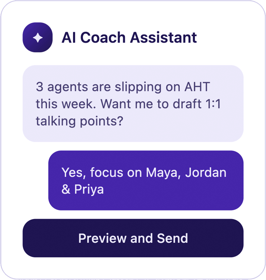 AI Coaching: the AI Coach Assistant offers to draft 1:1 talking points for three agents slipping on handle time