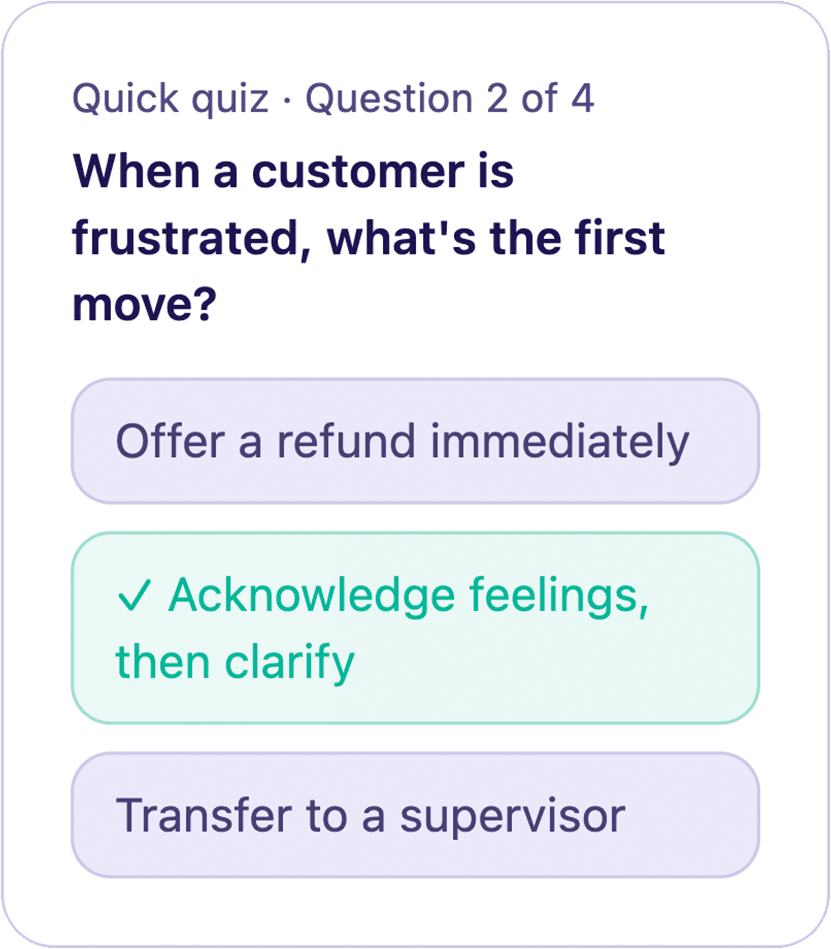Microlearning: quick quiz question on handling a frustrated customer, with the correct answer highlighted